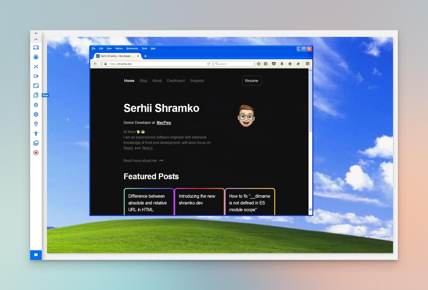 shramko.dev website on Windows XP